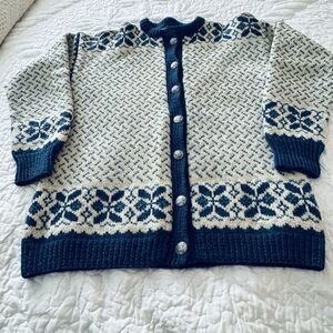 Norwegian 1980's Norway Wool Ladies Sweater Med Blue Cream Hand Knit Cardigan